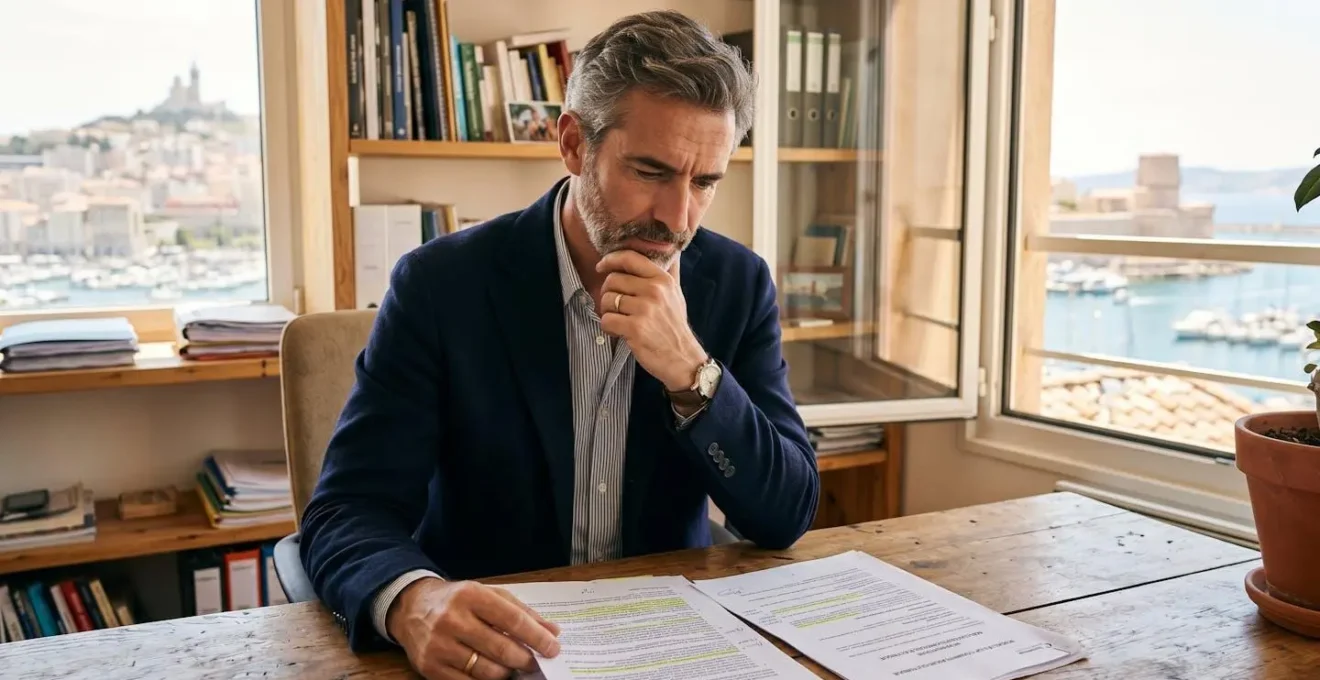 Responsable administratif d'une PME marseillaise analysant des offres d'énergie sur son bureau