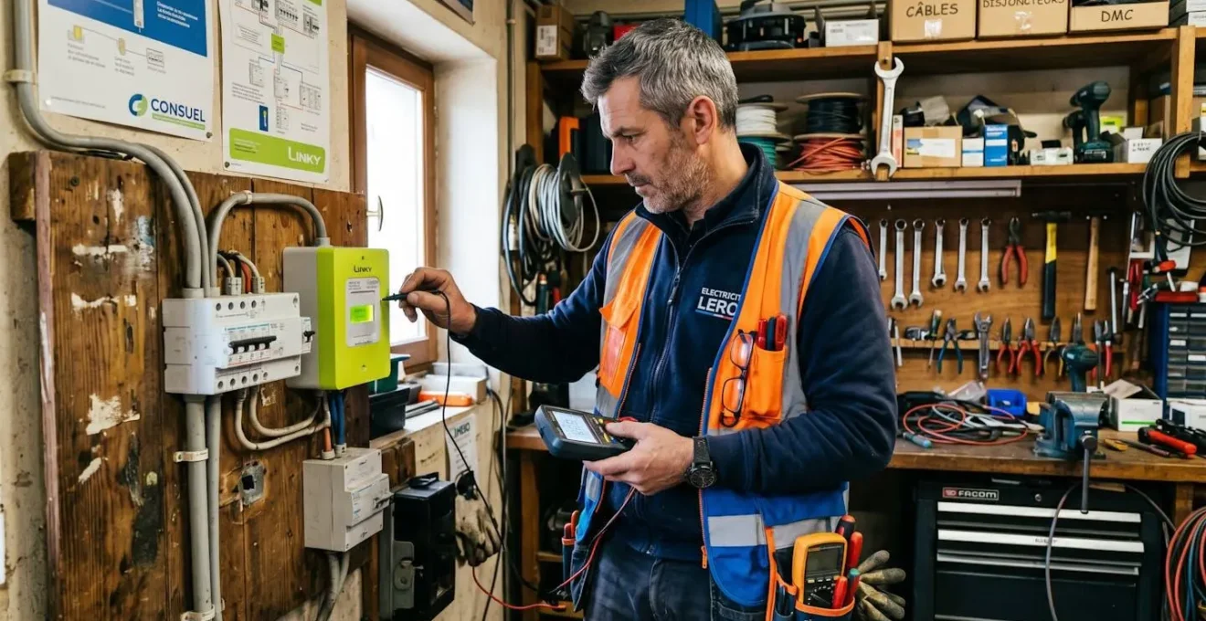 Artisan électricien vérifiant un compteur Linky dans un local professionnel