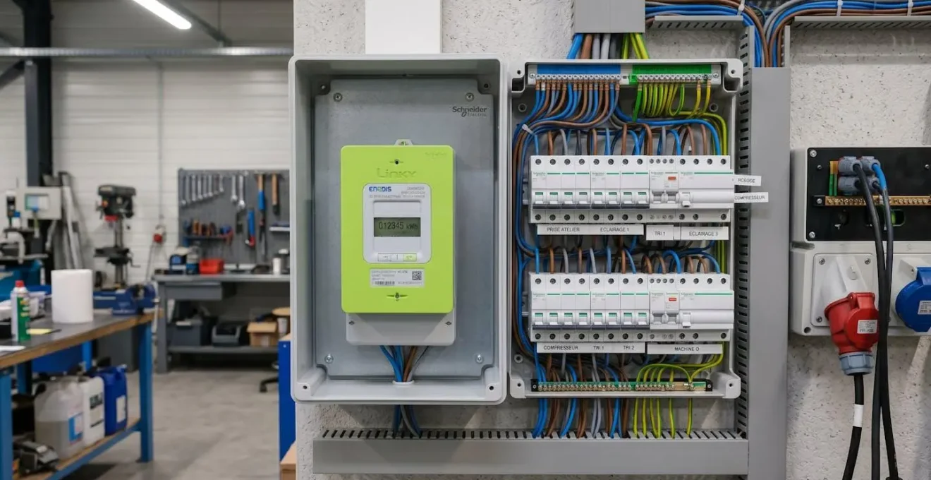 Compteur Linky professionnel installé dans un local commercial avec tableau électrique visible