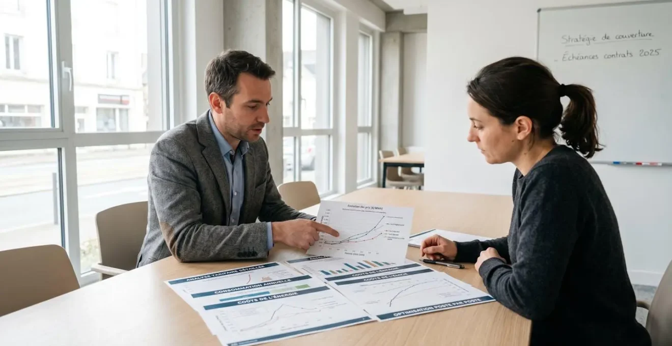 Conseiller expert en énergie présentant analyse tarifaire détaillée avec graphiques et courbes à client professionnel lors réunion dans agence contemporaine