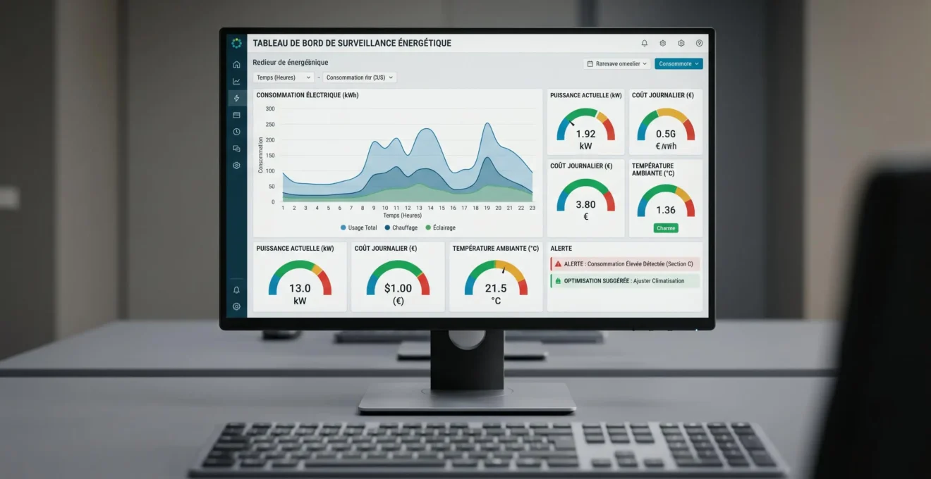 Écran de monitoring énergétique professionnel affichant dashboard avec courbes de consommation temps réel, indicateurs et alertes sur interface logicielle moderne