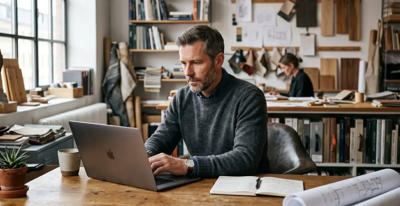 Gérant de TPE consultant les offres d'électricité professionnelle sur son ordinateur dans son bureau