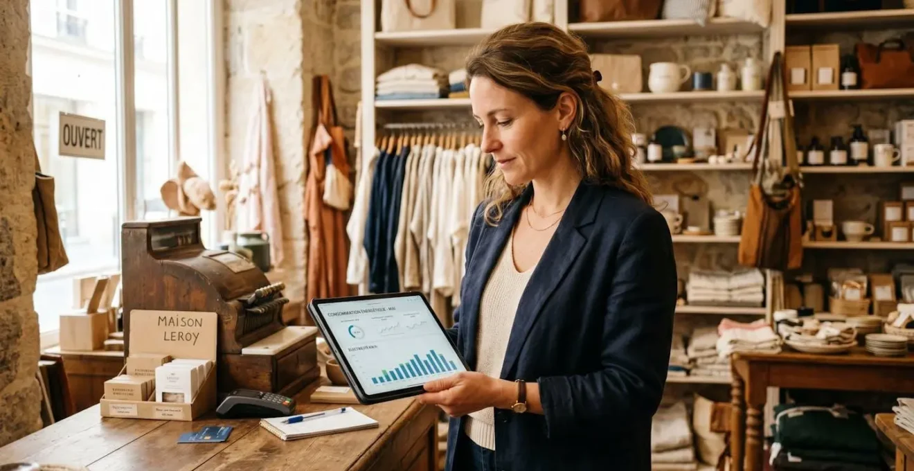 Gérante d'un commerce consultant des données de consommation électrique sur une tablette