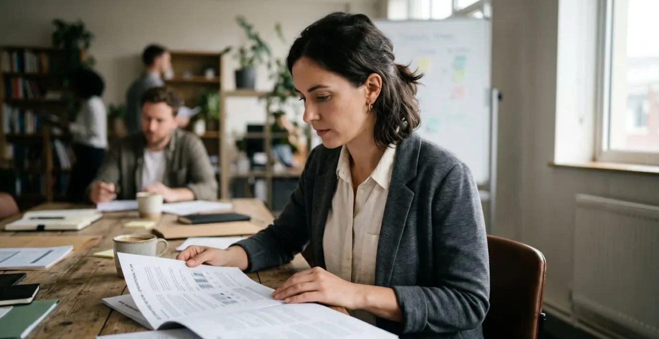 Responsable administratif d'une PME analysant une facture d'électricité professionnelle avec des documents sur son bureau