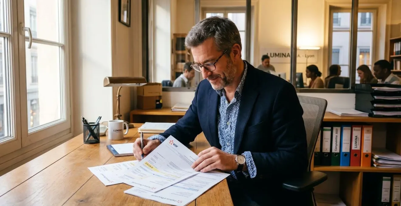 Responsable d'entreprise examinant une facture d'électricité professionnelle sur son bureau
