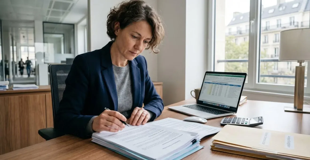 Responsable financier d'entreprise analysant documents contractuels énergétiques et tableau comparatif tarifaire sur ordinateur portable dans bureau contemporain