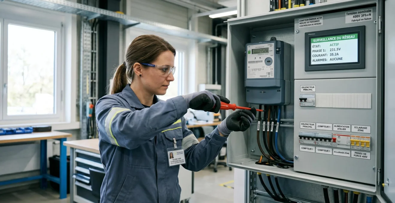 Technicien qualifié effectuant une opération de contrôle sur armoire de comptage électrique industriel trifasé dans local technique moderne avec écran de monitoring