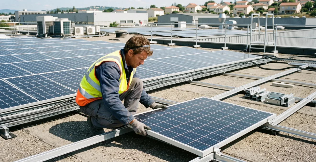 Installateur positionnant des panneaux photovoltaïques sur le toit d'un bâtiment commercial