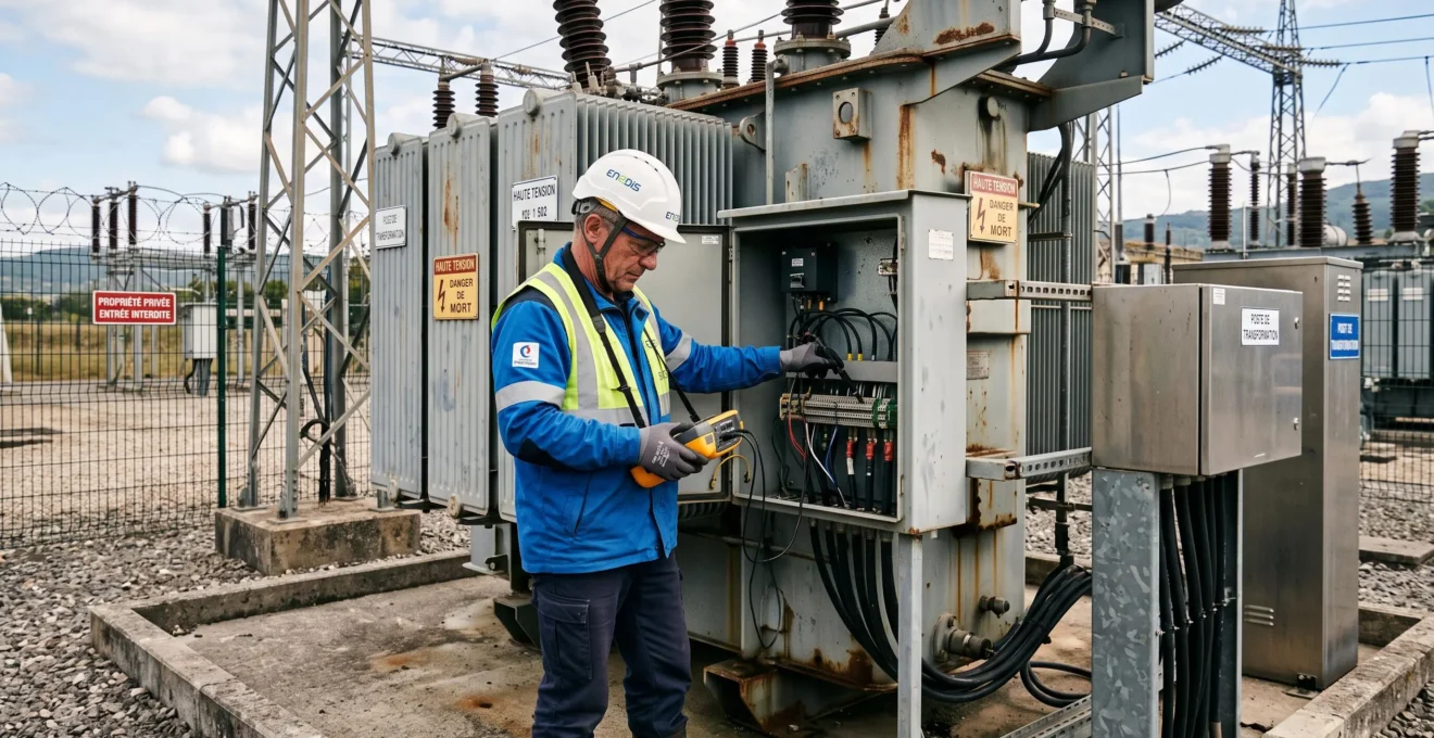 Technicien inspectant un transformateur électrique dans un poste de distribution haute tension