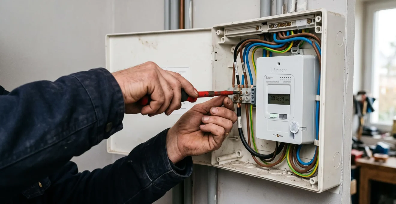 Gros plan sur les mains d'un électricien serrant une borne dans un tableau de comptage électrique équipé d'un compteur communicant.