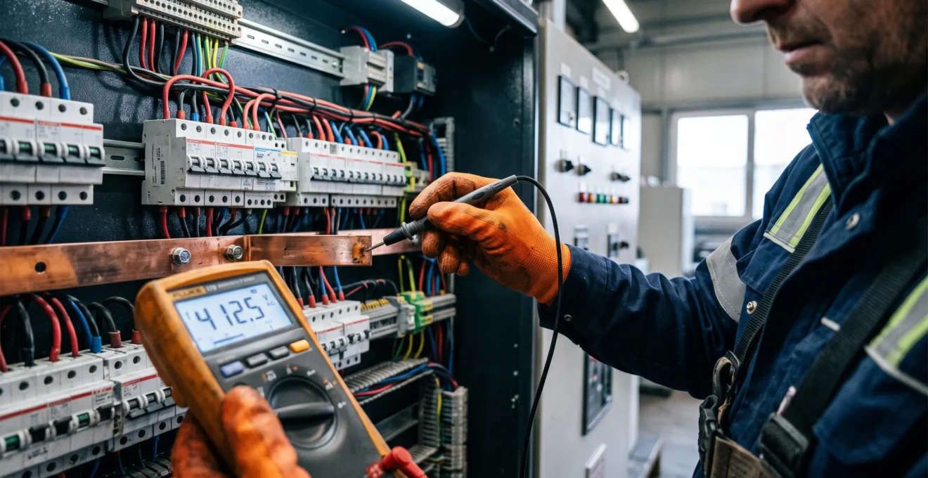 Prise de mesure électrique sur un jeu de barres dans un coffret de distribution industriel ouvert.