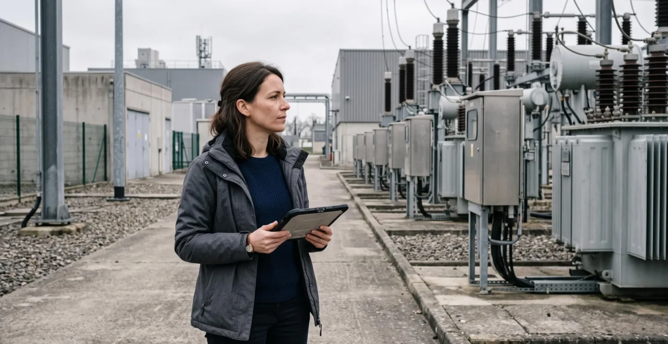Une responsable achats énergie observant un poste de transformation électrique sur un site industriel en France.