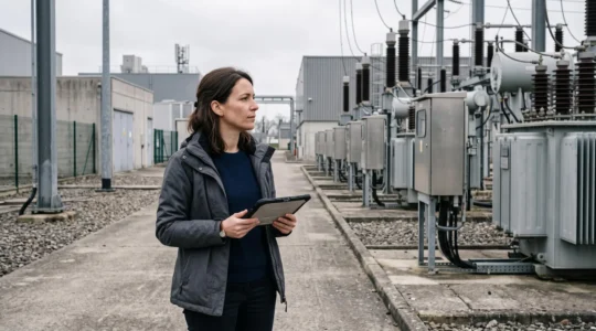 Une responsable achats énergie observant un poste de transformation électrique sur un site industriel en France.