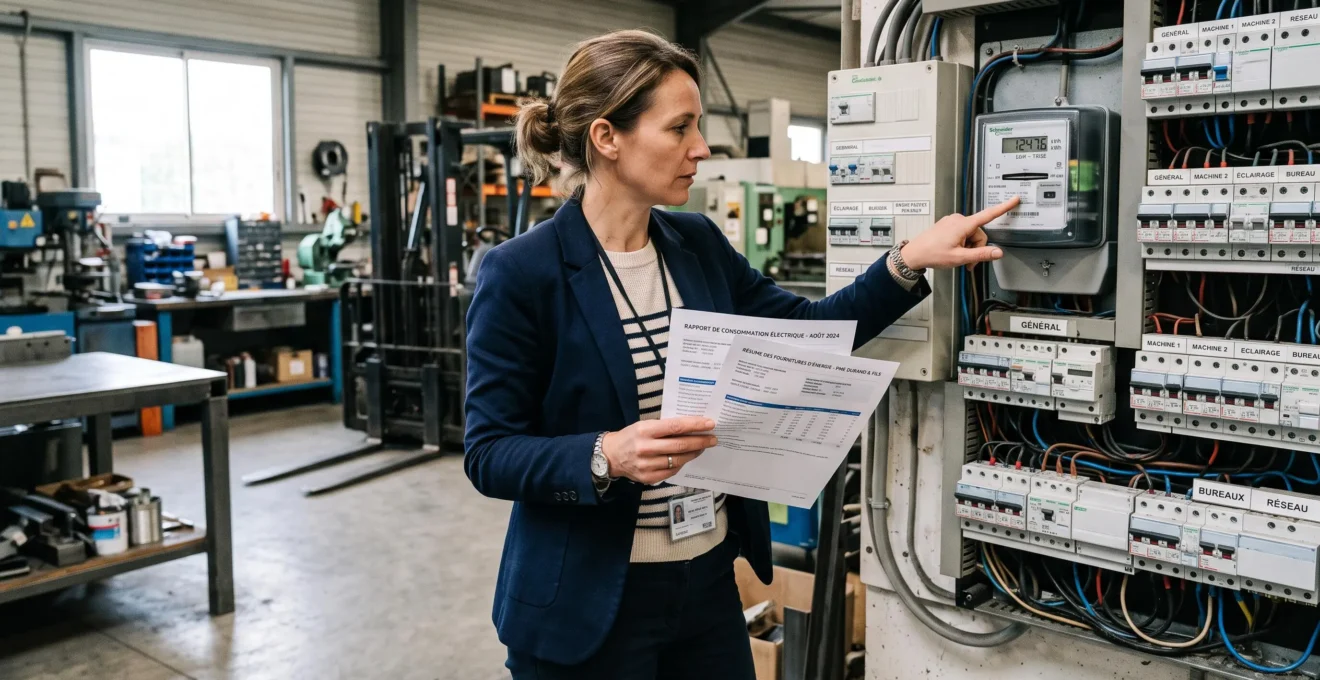Responsable d'entreprise comparant deux documents tarifaires devant un tableau électrique dans un atelier.