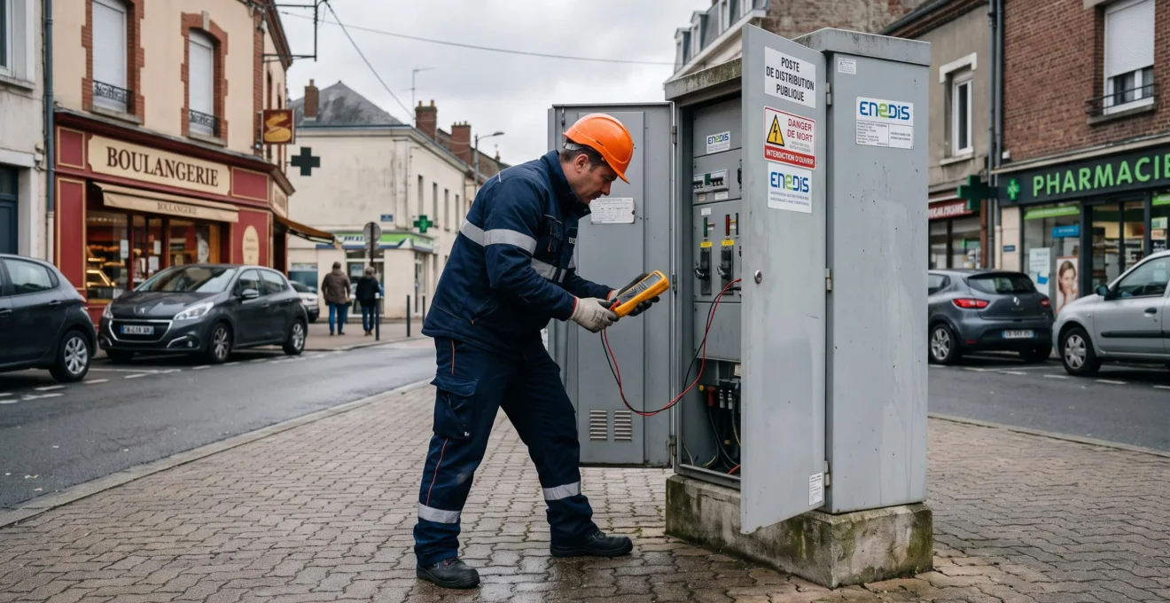 Technicien en tenue de travail effectuant une inspection avec un appareil de mesure devant un coffret électrique de distribution sur un trottoir en France.
