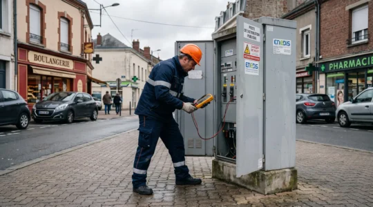 Technicien en tenue de travail effectuant une inspection avec un appareil de mesure devant un coffret électrique de distribution sur un trottoir en France.